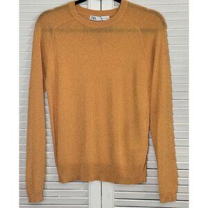 ZARA Orange Metallic Crewneck Sparkle Knit Pullover Sweater S Shimmer Semi Sheer